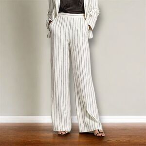 Ralph Lauren Petite 10 Ivory Striped 100% Linen Straight Pants Minimalist Office
